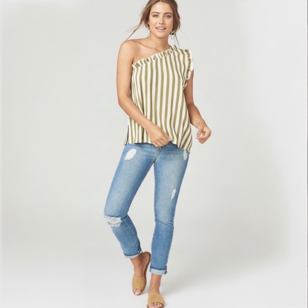 Show Me Your Mumu Ulani One Shoulder Ruffle Top Olive Stripe NWT Size S - Picture 4 of 15